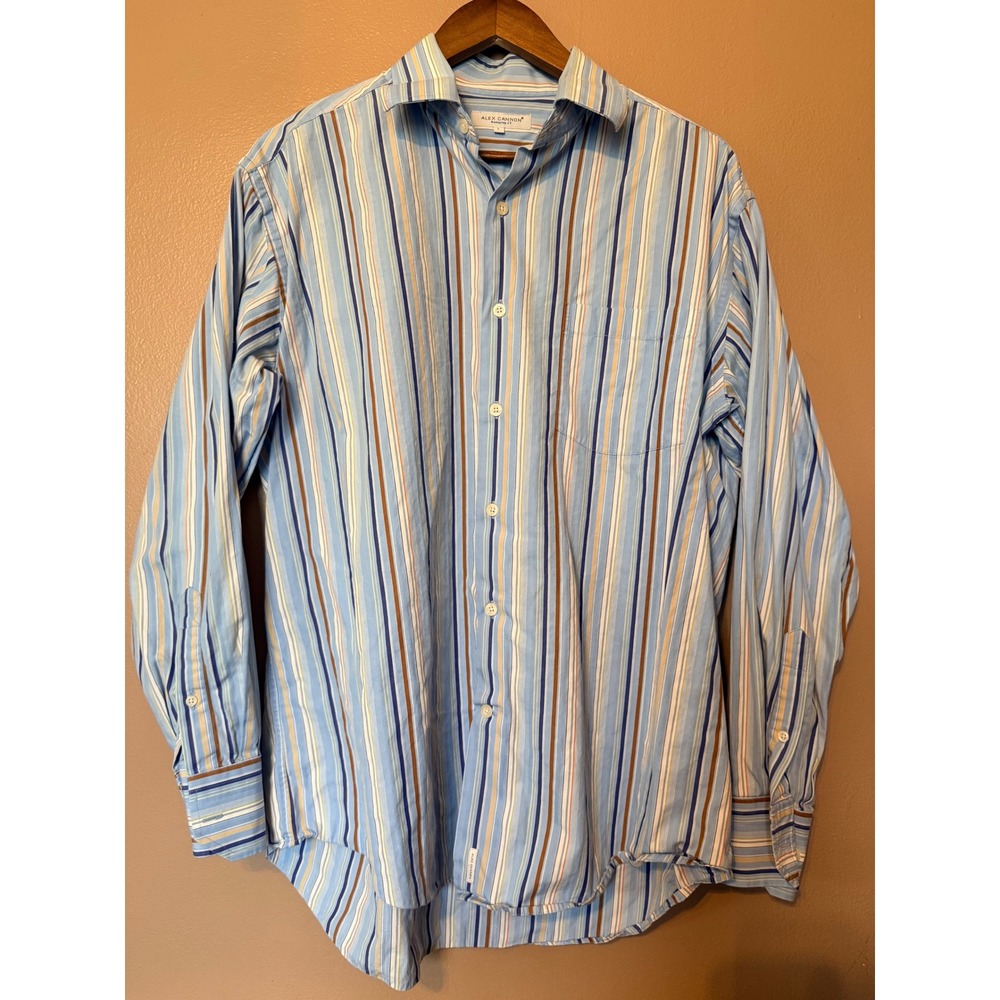 Alex Cannon Mens Large Blue Stripe Button Down Long Sleeve Cotton Shirt Casual L
